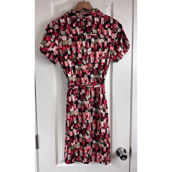 New Directions Shirt Dress Pink Red Black Green Print Tie Belt Women's Petite M - Picture 2 of 10
